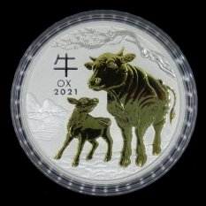 Stříbrná investiční mince Year of the Ox Rok Buvola Lunární 1 Oz 2021 Pozlacená