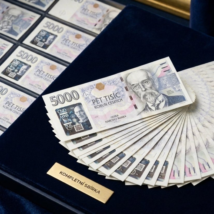 Kompletní sada 24 bankovek 5000 Kč vzor 2023 s přítiskem - zahájení činnosti Národní banky Československé 2026 Série A-Y Kompletní sada 24 bankovek 5000 Kč vzor 2023 s přítiskem - zahájení činnosti Národní banky Československé 2026 Série A-Y